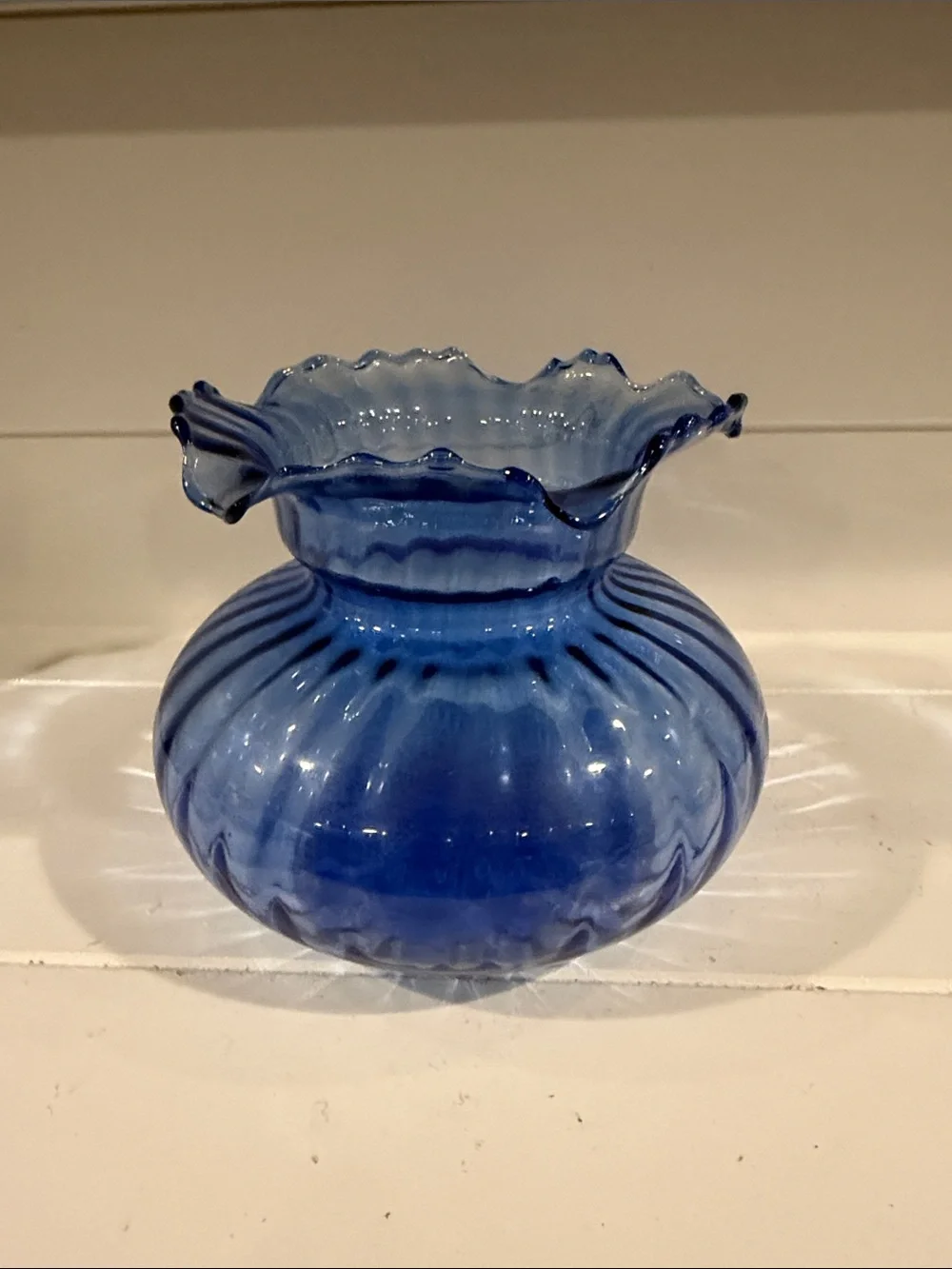 Vintage looking Blue Ruffled Glass Vase - Decorative Home Accent